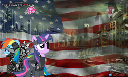 Size: 2292x1386 | Tagged: safe, artist:trungtranhaitrung, character:lord tirek, character:rainbow dash, character:twilight sparkle, species:pegasus, species:pony, species:unicorn, g4, crossover, flag waving, metal gear, metal gear solid, metal gear solid 5, naked snake, raiden, raiden dash, skull face, solid sparkle, united states