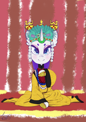 Size: 2893x4092 | Tagged: safe, artist:helloiamyourfriend, character:rarity, species:dragon, absurd resolution, chinese, clothing, colored sketch, crown, dress, female, history, hoofguard, horn ring, jewelry, ming dynasty, rarity wears human jewelry, regalia, solo