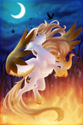 Size: 800x1200 | Tagged: safe, artist:silentwulv, oc, oc only, oc:angelica, species:bird, species:pegasus, species:pony, crescent moon, female, fire, flying, mare, moon, solo, tree, unshorn fetlocks
