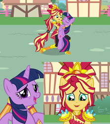 Size: 1920x2160 | Tagged: safe, artist:culu-bluebeaver, artist:dashiemlpfim, artist:misteraibo, character:sunset shimmer, character:twilight sparkle, character:twilight sparkle (alicorn), species:alicorn, species:pony, equestria girls:legend of everfree, g4, my little pony: equestria girls, my little pony:equestria girls, boots, clothing, cute, high heel boots, holding a pony, ponied up, ponytail, ponyville, show accurate, sun, super ponied up