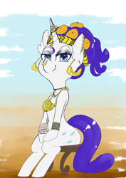 Size: 2893x4092 | Tagged: safe, artist:helloiamyourfriend, character:rarity, species:pony, species:unicorn, absurd resolution, bracelet, colored beads, colored sketch, ear piercing, earring, female, fulani, headband, jewelry, nose piercing, nose ring, piercing, rarity wears human jewelry, sitting, solo, tangerines, west african
