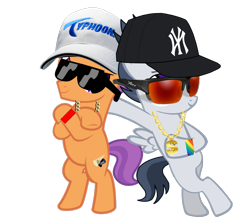 Size: 1535x1357 | Tagged: safe, artist:jawsandgumballfan24, character:rumble, character:tender taps, species:pony, bipedal, bling, chains, clothing, dollar sign, hat, jewelry, necklace, new york yankees, rapper, simple background, sunglasses, transparent background, vector, wristband, yankees