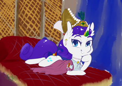 Size: 4092x2893 | Tagged: safe, artist:helloiamyourfriend, character:rarity, species:pony, species:unicorn, absurd resolution, brooch, colored sketch, crown, ear piercing, earring, eyebrows, female, horn ring, jewelry, necklace, ottoman, ottoman turk, piercing, rarity wears human jewelry, regalia, smiling, solo