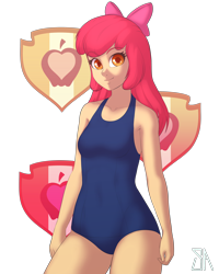 Size: 2400x3000 | Tagged: safe, artist:souladdicted, character:apple bloom, species:human, clothing, female, human coloration, humanized, looking at you, older, older apple bloom, one-piece swimsuit, pinup, simple background, smiling, solo, swimsuit, transparent background