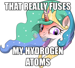 Size: 2497x2261 | Tagged: safe, artist:amberpendant, character:princess celestia, species:pony, angry, crown, female, fusion, hydrogen, image macro, implied nuclear fusion, jewelry, jimmies, mare, meme, peytral, physics, ragelestia, reaction image, regalia, rustled my jimmies, science, simple background, solo, transparent background