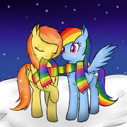 Size: 800x800 | Tagged: safe, artist:spittfireart, character:rainbow dash, character:spitfire, ship:spitdash, blushing, chest fluff, clothing, female, lesbian, scarf, shared clothing, shared scarf, shipping