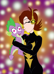 Size: 2169x2959 | Tagged: safe, artist:edcom02, character:spike, species:dragon, avengers, crossover, crossover shipping, heart eyes, interspecies, janet van dyne, kiss on the cheek, kissing, marvel, marvel comics, shipping, spikexwasp, wasp (marvel), wingding eyes