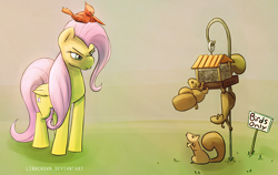 Size: 2190x1388 | Tagged: safe, artist:liracrown, character:fluttershy, species:bird, species:pegasus, species:pony, angry, bird feeder, caught, climbing, digital art, female, folded wings, frown, glare, grumpy, looking at something, looking down, mare, nose wrinkle, pointing, seeds, sign, squirrel, wing hands
