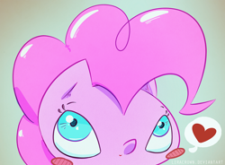 Size: 1364x1006 | Tagged: safe, artist:liracrown, character:pinkie pie, big head, blushing, bust, chibi, cute, female, heart, portrait, solo