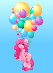 Size: 400x550 | Tagged: safe, artist:tolsticot, character:pinkie pie, species:earth pony, species:pony, balloon, beanbrows, cheek fluff, chest fluff, cute, diapinkes, eyebrows, female, floating, hnnng, leg fluff, looking at you, mare, no pupils, sky, smiling, solo, then watch her balloons lift her up to the sky