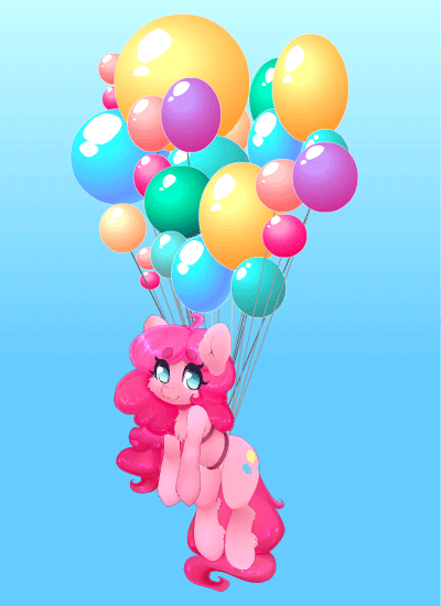 Size: 400x550 | Tagged: safe, artist:tolsticot, character:pinkie pie, species:earth pony, species:pony, animated, balloon, cute, diapinkes, female, floating, gif, gradient background, heart, hnnng, looking at you, mare, sky, smiling, solo, then watch her balloons lift her up to the sky