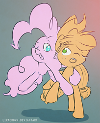 Size: 1007x1235 | Tagged: safe, artist:liracrown, character:applejack, character:pinkie pie, clothing, glomp, hat, hug, jumping, one eye closed, rough sketch, sketch