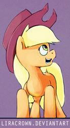 Size: 543x987 | Tagged: safe, artist:liracrown, character:applejack, clothing, couch, digital art, hat, looking sideways, open mouth, wip