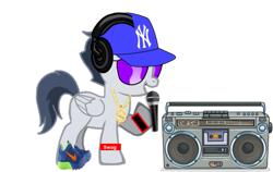 Size: 729x460 | Tagged: safe, artist:jawsandgumballfan24, character:rumble, species:pony, bling, boombox, clothing, hat, headphones, male, microphone, new york yankees, nike, pony creator, rapper, shoes, simple background, sneakers, solo, sunglasses, transparent background, wristband