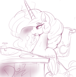 Size: 1880x1900 | Tagged: safe, artist:thelunarmoon, part of a set, character:princess celestia, species:alicorn, species:pony, brushing teeth, faucet, female, magic, monochrome, simple background, sketch, solo, telekinesis, toothbrush, towel, white background