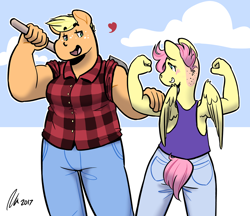 Size: 1280x1106 | Tagged: safe, artist:rwl, character:applejack, character:fluttershy, species:anthro, species:earth pony, species:pegasus, species:pony, ship:appleshy, applejacked, buff, burly, butch, clothing, female, freckles, height difference, lesbian, lumberjack, mare, muscles, shipping, size difference, tank top