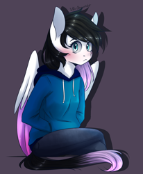 Size: 1400x1700 | Tagged: safe, artist:silbersternenlicht, oc, oc only, species:anthro, species:pegasus, species:pony, anthro oc, clothing, commission, crossed legs, hoodie, solo, trousers