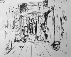 Size: 800x642 | Tagged: safe, artist:agm, species:pony, apartment, corridor, grayscale, monochrome, traditional art