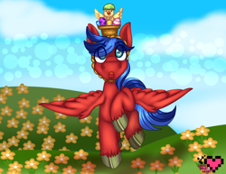 Size: 3850x2975 | Tagged: safe, artist:ladypixelheart, oc, oc only, oc:swift sketch, species:pegasus, species:pony, basket, chick, cloud, easter, easter egg, flower, grass, looking up, male, open mouth, raised hoof, sky, solo, spread wings, stallion, wings