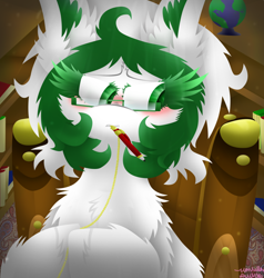Size: 1024x1076 | Tagged: safe, artist:vanillaswirl6, oc, oc only, oc:saxony, species:earth pony, species:pony, blushing, book, bookshelf, chair, cheek fluff, chest fluff, colored eyelashes, colored pupils, curly hair, dust particles, ear fluff, female, floor, fluffy, german, germany, glasses, globe, green eyes, hoof hold, librarian, library, looking down, messy mane, mouth hold, nervous, nose wrinkle, pen, saxony, shading, signature, sitting, solo, vanillaswirl6's state ponies