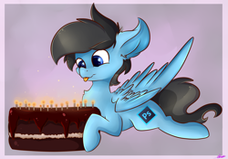 Size: 3829x2672 | Tagged: safe, artist:ashee, oc, oc only, oc:fordsie blue thunder, birthday cake, cake, candle, food, solo, tongue out