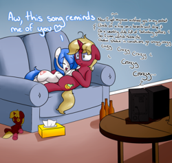 Size: 500x473 | Tagged: safe, artist:victoreach, oc, oc only, oc:flask, oc:mal, couch, couple, dialogue, female, hug, male, straight