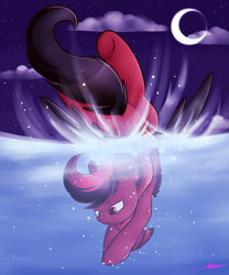 Size: 1280x1541 | Tagged: safe, artist:ashee, oc, oc only, oc:red pone, clothing, diving, moon, night, night sky, red and black oc, scarf, solo, underwater, water