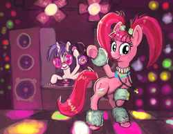Size: 1280x992 | Tagged: safe, artist:agm, character:dj pon-3, character:pacific glow, character:vinyl scratch, species:earth pony, species:pony, species:unicorn, dance floor, duo, female, headphones, looking at you, mare, smiling, turntable
