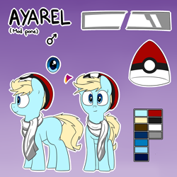 Size: 1280x1280 | Tagged: safe, artist:victoreach, oc, oc only, oc:ayarel, species:earth pony, species:pony, beanie, blank flank, clothing, crossover, gradient background, hat, looking at you, pokéball, pokémon, purple background, reference sheet, scarf, simple background, smiling, solo