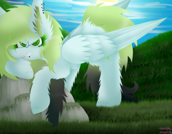 Size: 1024x798 | Tagged: safe, artist:vanillaswirl6, oc, oc only, oc:emmy, species:pegasus, species:pony, art trade, bedroom eyes, bent over, cloud, cute, detailed eyes, ear piercing, face down ass up, female, fluffy, gradient hair, grass, holding onto something, lidded eyes, long mane, looking at you, mare, moss, mouth piercings, open mouth, photoshop, piercing, rock, scenery, scrunchy face, shading, sharp teeth, sky, solo, sun, teeth