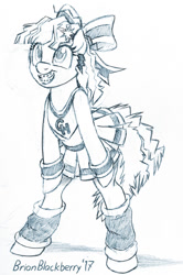 Size: 433x651 | Tagged: safe, artist:brianblackberry, character:cheerilee, species:earth pony, species:pony, 80s, 80s cheerilee, 80s cheerileeder, bow, braces, cheeribetes, cheerileeder, cheerleader, clothing, cute, ear piercing, earring, female, grin, jewelry, leg warmers, monochrome, piercing, pleated skirt, sketch, skirt, smiling, solo
