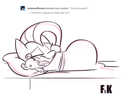Size: 1280x1021 | Tagged: safe, artist:fluttershythekind, character:fluttershy, blanket burrito, cute, eyes closed, female, happy, hug, lineart, pillow, shyabetes, sketch, smiling, snuggling, solo, teddy bear