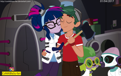 Size: 3718x2356 | Tagged: safe, artist:conikiblasu-fan, character:spike, character:spike (dog), character:timber spruce, character:twilight sparkle, character:twilight sparkle (scitwi), species:dog, species:eqg human, ship:timbertwi, episode:mad twience, eqg summertime shorts, g4, my little pony: equestria girls, my little pony:equestria girls, axe, clothing, cute, eyes closed, female, high res, male, robot, robot dog, shipping, straight, weapon