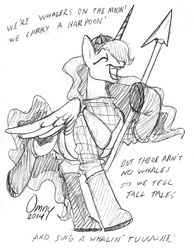Size: 600x773 | Tagged: safe, artist:omny87, character:princess luna, species:alicorn, species:pony, black and white, boots, clothing, costume, futurama, galoshes, grayscale, harpoon, hat, monochrome, pencil drawing, singing, sketch, traditional art, whaler