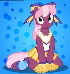 Size: 4500x4750 | Tagged: safe, artist:an-tonio, artist:brianblackberry, derpibooru original, edit, character:cheerilee, species:earth pony, species:pony, g4, abstract background, absurd resolution, bow, cheeribetes, cheerileeder, cheerleader, clothing, color edit, colored, cute, female, hair bow, looking at you, mare, open mouth, semi-anthro, shirt, sketch, skirt, solo