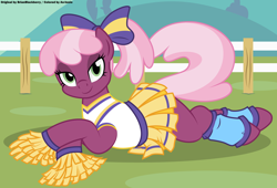 Size: 5050x3434 | Tagged: safe, artist:an-tonio, artist:brianblackberry, derpibooru original, edit, character:cheerilee, species:earth pony, species:pony, g4, absurd resolution, bedroom eyes, bottomless, bow, cheeribetes, cheerileeder, cheerleader, clothing, color edit, colored, cute, female, fence, looking at you, mare, partial nudity, pleated skirt, ponytail, prone, skirt, skirt lift, solo