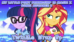 Size: 1920x1080 | Tagged: safe, artist:dashiemlpfim, artist:sketchmcreations, character:sunset shimmer, character:twilight sparkle, character:twilight sparkle (scitwi), species:eqg human, equestria girls:legend of everfree, g4, my little pony: equestria girls, my little pony:equestria girls, crossed arms, duffle bag, glasses, sonic advance 3