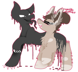 Size: 1024x944 | Tagged: safe, artist:vanillaswirl6, oc, oc only, unnamed oc, species:demon pony, species:earth pony, species:pony, annoyed, behaving like a dog, black sclera, cheek fluff, chest fluff, chibi, claws, colored eyelashes, colored hooves, commission, corrupted, demon, dripping, duo, ear fluff, fangs, female, fluffy, four eyes, hair bun, looking away, markings, monster, multicolored fur, open mouth, raised hoof, sharp teeth, spots, teeth, tongue out, white eyes