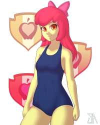 Size: 2400x3000 | Tagged: safe, artist:souladdicted, character:apple bloom, my little pony:equestria girls, bow, breasts, clothing, female, hair bow, looking at you, older, older apple bloom, one-piece swimsuit, pinup, red hair, simple background, smiling, solo, swimsuit, transparent background