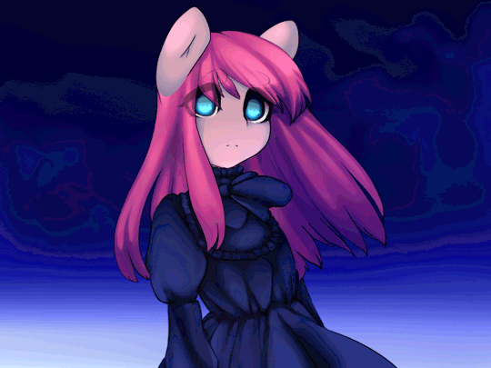 Size: 540x405 | Tagged: safe, artist:tolsticot, character:pinkamena diane pie, character:pinkie pie, species:anthro, species:earth pony, species:pony, animated, beautiful, blue eyes, clothing, dress, eye clipping through hair, female, gif, looking at you, mare, solo, windswept hair, windy