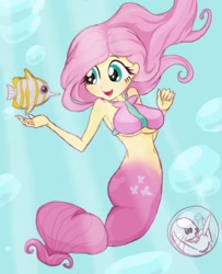 Size: 910x1121 | Tagged: safe, artist:noupu, character:angel bunny, character:fluttershy, my little pony:equestria girls, belly button, breasts, cleavage, cute, fish, mermaid, mermaidized, midriff, shyabetes, underboob, underwater, watershy