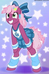 Size: 3400x5100 | Tagged: safe, artist:an-tonio, artist:brianblackberry, derpibooru original, edit, character:cheerilee, species:earth pony, species:pony, g4, 80s, 80s cheerilee, 80s cheerileeder, absurd resolution, bipedal, bow, braces, cheeribetes, cheerileeder, cheerleader, clothing, color edit, colored, cute, ear piercing, earring, female, grin, jewelry, leg warmers, moe, piercing, pleated skirt, skirt, skirt lift, smiling, solo