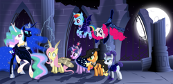 Size: 6000x2900 | Tagged: safe, artist:magister39, character:applejack, character:fluttershy, character:nightmare moon, character:pinkie pie, character:princess celestia, character:princess luna, character:rainbow dash, character:rarity, character:twilight sparkle, species:alicorn, species:bat pony, species:earth pony, species:mothpony, species:pony, species:unicorn, nightmareverse, absurd resolution, alternate timeline, alternate universe, fluttermoth, harlequin, moon, night, night guard dash, night maid rarity, nightmare takeover timeline, original species, race swap, royal sisters, ruins, twibat