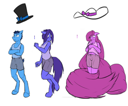Size: 2000x1667 | Tagged: safe, artist:krd, oc, oc only, oc:sam style, species:anthro, species:pony, breasts, clothing, cutie mark, female, huge mane, huge tail, male, mane, mare, reference sheet, shirt, shorts, stallion, tail, transformation, transgender transformation