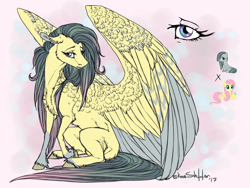 Size: 800x600 | Tagged: safe, artist:dementra369, character:fluttershy, character:marble pie, oc, species:pegasus, species:pony, abstract background, big wings, female, fusion, mare, sitting, wings