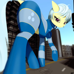 Size: 2400x2400 | Tagged: safe, artist:styroponyworks, oc, oc only, oc:ultramare, species:earth pony, species:pony, 3d, blender, building, city, dock, female, giant pony, looking at you, macro, mare, mixed media, solo, street