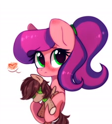 Size: 1906x2097 | Tagged: safe, artist:mirtash, rcf community, oc, oc only, oc:grelka cheshirskaya, species:earth pony, species:pony, :c, blushing, female, frown, heart, mare, plushie, ponytail, simple background, solo, white background