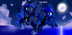 Size: 2366x1150 | Tagged: safe, artist:skyline19, character:princess luna, oc, oc:seaside, species:alicorn, species:pegasus, species:pony, cloud, duo, female, flying, full moon, looking at each other, mare, moon, night, smiling, water