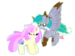 Size: 1024x768 | Tagged: safe, artist:vanillaswirl6, oc, oc only, oc:cirrus fever, oc:vanilla swirl, species:earth pony, species:pegasus, species:pony, aggressive, angry, big ears, blushing, cheek fluff, chest fluff, chibi, colored eyelashes, couple, cute, cute little fangs, cutie mark, duo, duo male and female, ear fluff, face markings, fangs, female, floating, fluffy, flying, frown, glare, glasses, growling, looking at something, male, mare, markings, multicolored hair, no pupils, ocbetes, open mouth, sharp teeth, signature, spots, spread wings, stallion, standing, teeth, weapons-grade cute, wings
