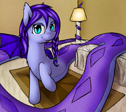 Size: 4320x3840 | Tagged: safe, artist:ampderg, oc, oc only, oc:amplitude, species:bat pony, species:lamia, absurd resolution, bed, bedroom, braid, cute, female, impossibly long tail, lamp, long tail, original species, perspective, rug, slit eyes, solo